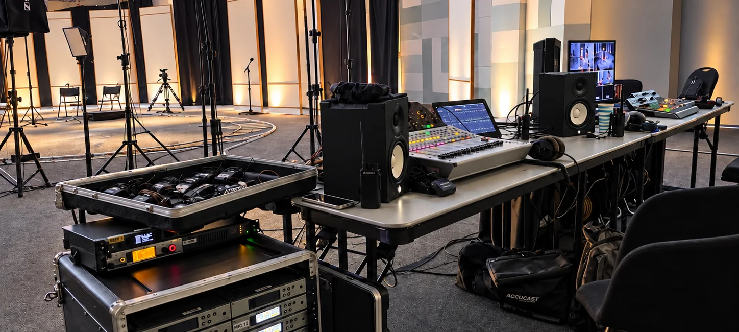 Audio Sardapi on-set sound station with a 12-channel wireless microphone rack and mixing desk